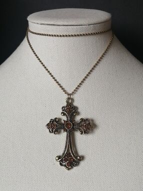 Vintage Ornate Cross Pendant Necklace in Bronze with Amber Stones